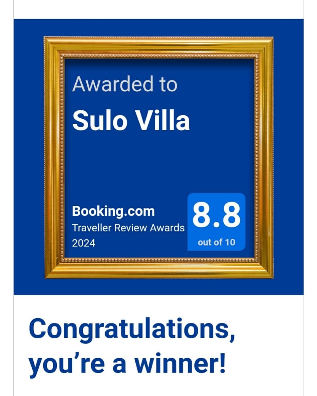 Booking.com Traveller Review Award 2024 — Sulo Villa, 8.8 out of 10